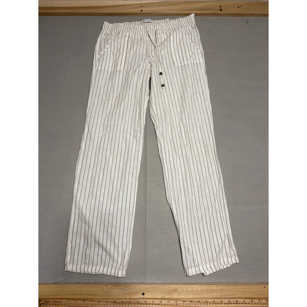 Aerie Womens White Tan Striped Smocked Waist Cotton Lounge Pants Size M 1354